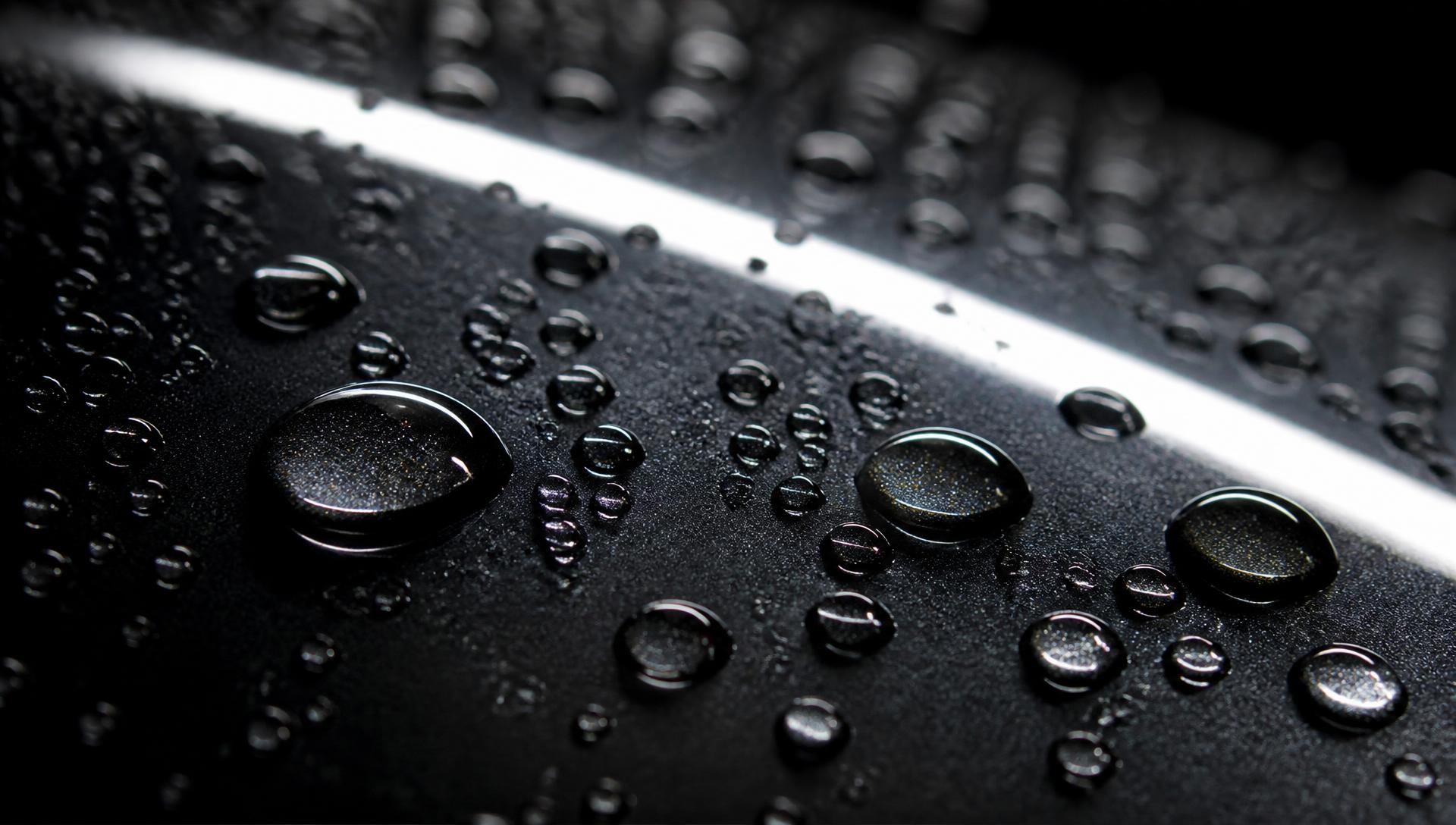 Water beading on a freshly ceramic-coated black hood